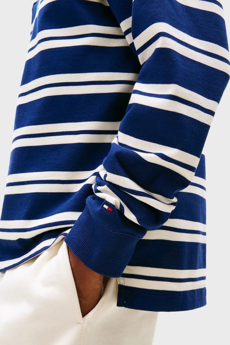 Tommy Hilfiger Çizgili % 100 Pamuk Relaxed Fit Düğmeli Polo Yaka Erkek Kazak MW0MW39682 0FA LACİVERT-BEYAZ - 4