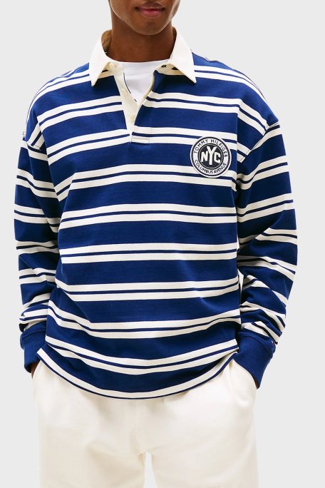 Tommy Hilfiger Çizgili % 100 Pamuk Relaxed Fit Düğmeli Polo Yaka Erkek Kazak MW0MW39682 0FA LACİVERT-BEYAZ - 6