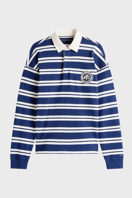 Tommy Hilfiger Çizgili % 100 Pamuk Relaxed Fit Düğmeli Polo Yaka Erkek Kazak MW0MW39682 0FA LACİVERT-BEYAZ - 10
