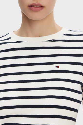 Tommy Hilfiger Çizgili % 100 Pamuk Slim Fit Bisiklet Yaka Bayan T Shirt WW0WW40587 0BF EKRU-LACİVERT - 8