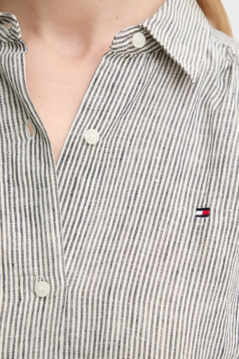 Tommy Hilfiger Çizgili Logolu % 100 Keten Regular Fit Kemerli Bayan Gömlek Elbise WW0WW44653 0X9 BEYAZ-LACİVERT - 5