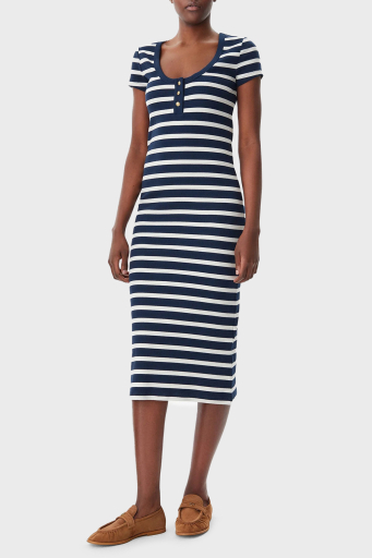 Tommy Hilfiger Çizgili Streç Pamuklu Slim Fit Midi Boy Bayan Elbise WW0WW43864 0A4 BEYAZ-MAVİ - 1