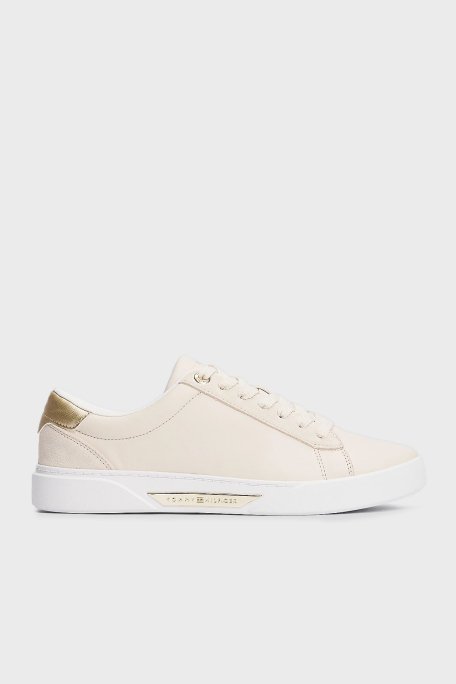Tommy Hilfiger Deri Logolu Metalik Detaylı Sneaker Bayan Ayakkabı FW0FW08382 AA8 BEJ - 1