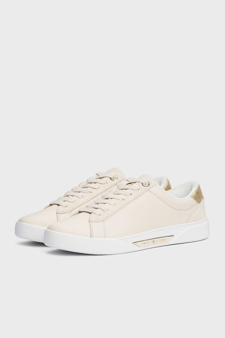 Tommy Hilfiger Deri Logolu Metalik Detaylı Sneaker Bayan Ayakkabı FW0FW08382 AA8 BEJ - 4