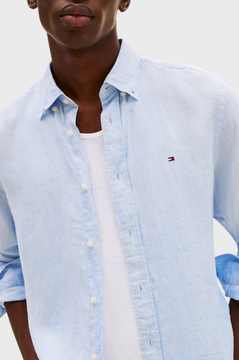 Tommy Hilfiger Düğmeli Yaka % 100 Keten Regular Fit Erkek Gömlek MW0MW34602 C1O AÇIK MAVİ - 4