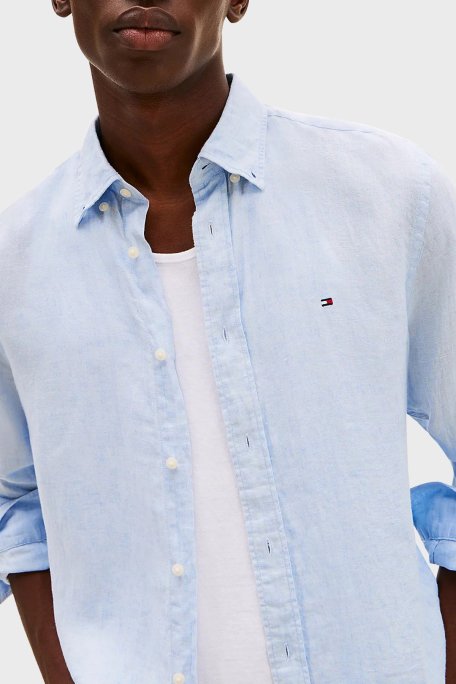 Tommy Hilfiger Düğmeli Yaka % 100 Keten Regular Fit Erkek Gömlek MW0MW34602 C1O AÇIK MAVİ - 4