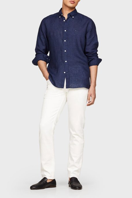 Tommy Hilfiger Düğmeli Yaka % 100 Keten Regular Fit Erkek Gömlek MW0MW34602 DCC LACİVERT - 4