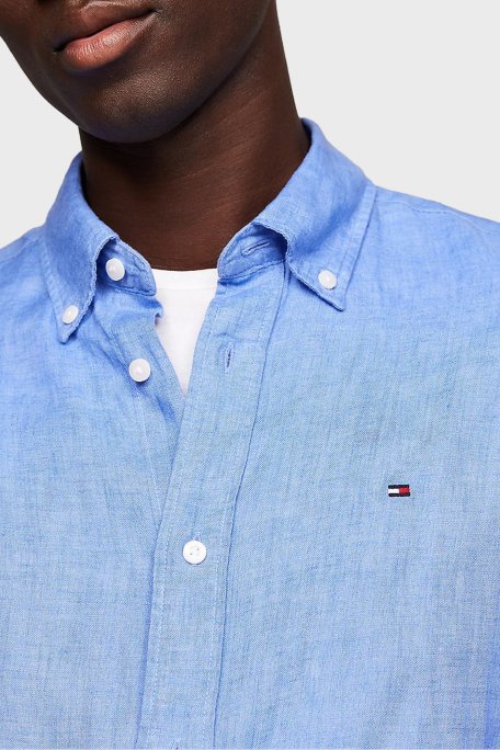 Tommy Hilfiger Düğmeli Yaka Kısa Kollu % 100 Keten Regular Fit Erkek Gömlek MW0MW35207 C30 MAVİ - 2