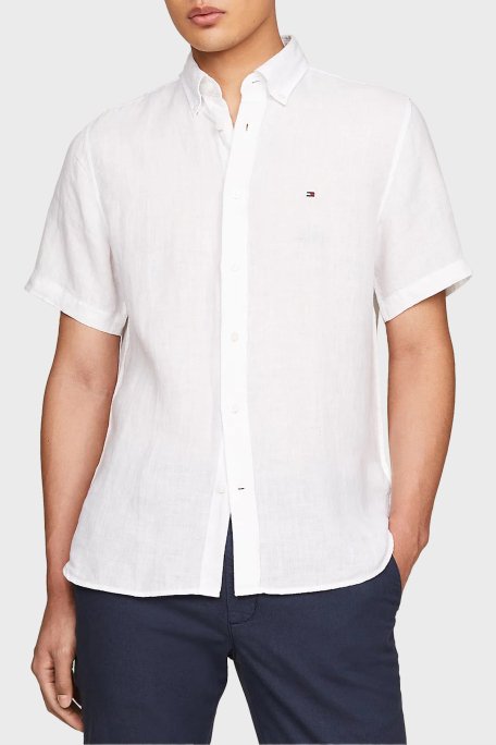 Tommy Hilfiger Düğmeli Yaka Kısa Kollu % 100 Keten Regular Fit Erkek Gömlek MW0MW35207 YCF BEYAZ - 1