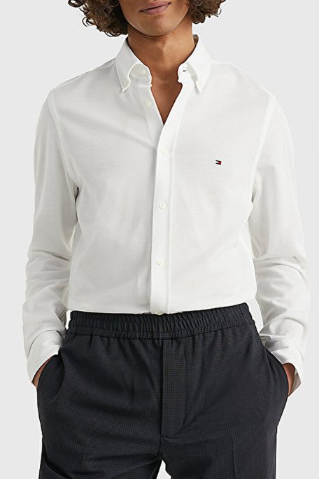 Tommy Hilfiger Düğmeli Yaka Organik Pamuklu Uzun Kollu Slim Fit Erkek Gömlek MW0MW30675 YCF BEYAZ - 1