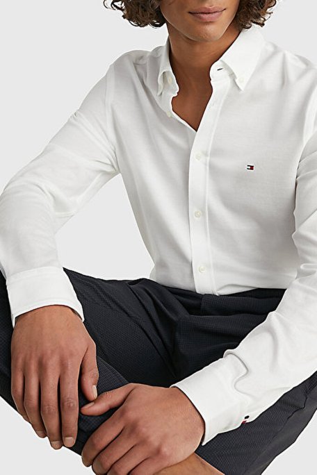 Tommy Hilfiger Düğmeli Yaka Organik Pamuklu Uzun Kollu Slim Fit Erkek Gömlek MW0MW30675 YCF BEYAZ - 3
