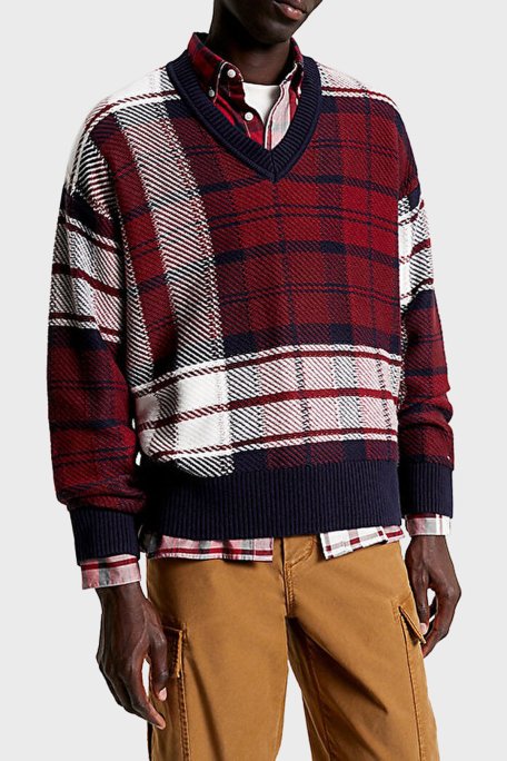 Tommy Hilfiger Ekoseli V Yaka Erkek Kazak MW0MW33083 DW5 LACİVERT - 1
