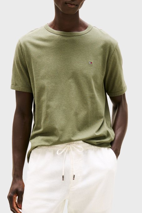 Tommy Hilfiger Keten ve Pamuk Karışımlı Regular Fit Bisiklet Yaka Erkek T Shirt MW0MW38637 PLI YEŞİL - 1