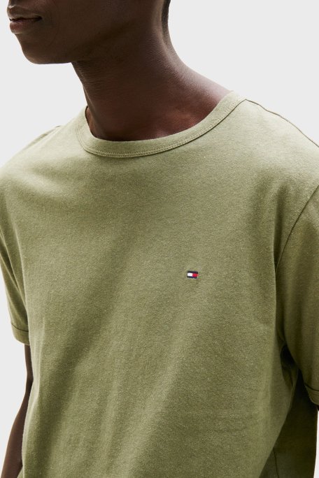 Tommy Hilfiger Keten ve Pamuk Karışımlı Regular Fit Bisiklet Yaka Erkek T Shirt MW0MW38637 PLI YEŞİL - 4