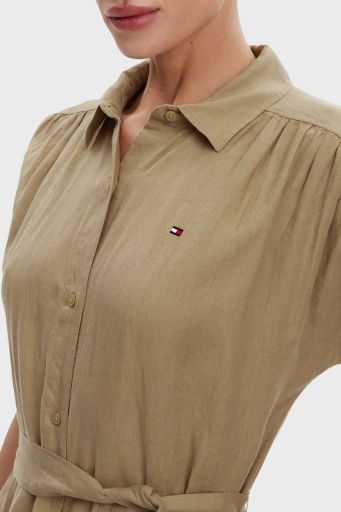 Tommy Hilfiger Logolu % 100 Keten Regular Fit Kemerli Bayan Gömlek Elbise WW0WW44653 AEH CAMEL - 4