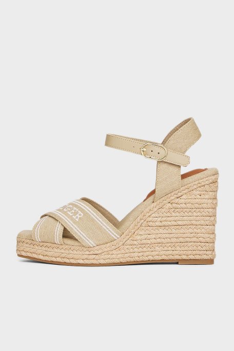 Tommy Hilfiger Logolu % 100 Pamuk Dolgu Topuklu Bayan Sandalet FW0FW08668 ACC BEJ - 2