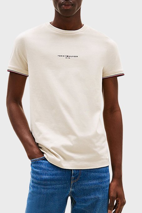 Tommy Hilfiger Logolu % 100 Pamuk Slim Fit Bisiklet Yaka Erkek T Shirt MW0MW32584 ACG BEJ - 1