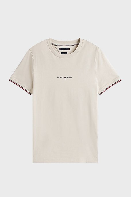 Tommy Hilfiger Logolu % 100 Pamuk Slim Fit Bisiklet Yaka Erkek T Shirt MW0MW32584 ACG BEJ - 5