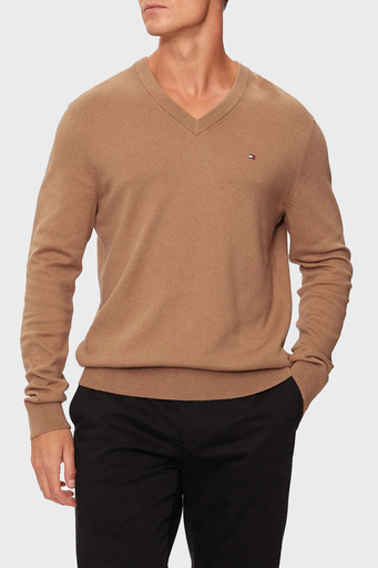 Tommy Hilfiger Pamuk ve Kaşmir Karışımlı Regular Fit V Yaka Erkek Kazak MW0MW28047 RBC KOYU HAKİ - 1