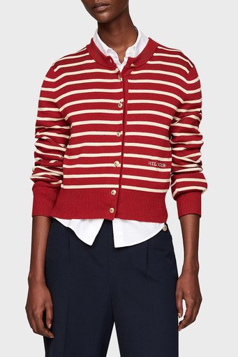Tommy Hilfiger Pamuklu Slim Fit Çizgili Bayan Hırka WW0WW43148 04U Kiremit-Bej - 1