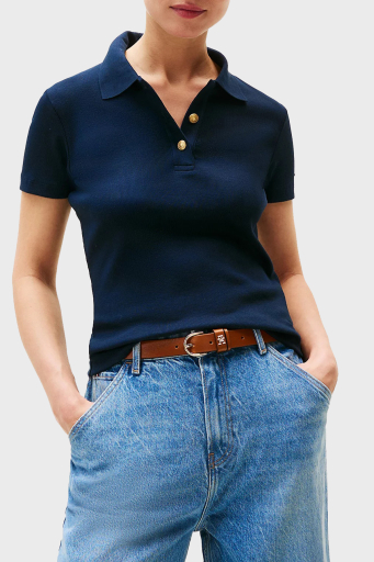 Tommy Hilfiger Streç Pamuklu Slim Fit Gold Düğmeli Bayan Polo Yaka T Shirt WW0WW45436 C1G LACİVERT - 1