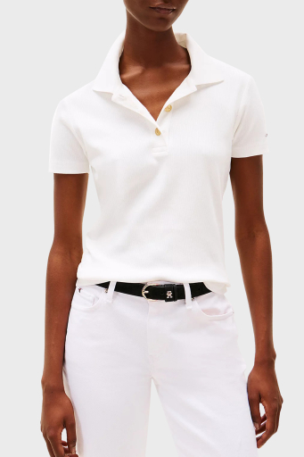 Tommy Hilfiger Streç Pamuklu Slim Fit Gold Düğmeli Bayan Polo Yaka T Shirt WW0WW45436 YBL BEYAZ - 1