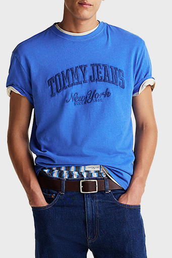 Tommy Jeans % 100 Pamuk Regular Fit Bisiklet Yaka Logolu Erkek T Shirt DM0DM20356 C6E MAVİ - 1