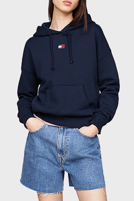 Tommy Jeans % 100 Pamuklu Regular Fit Kapüşonlu Kanguru Cepli Bayan Sweat DW0DW17326 C1G LACİVERT - 1