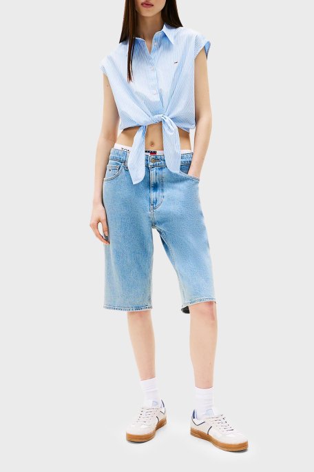 Tommy Jeans Çizgili % 100 Pamuk Relaxed Fit Bağlama Detaylı Crop Bayan Gömlek DW0DW20291 C12 AÇIK MAVİ - 9