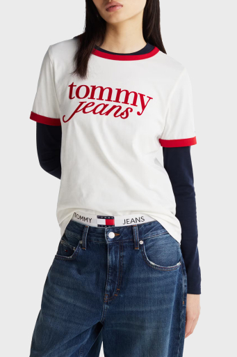 Tommy Jeans Logo Baskılı % 100 Pamuk Relaxed Fit Bisiklet Yaka Bayan T Shirt DW0DW19449 YBL BEYAZ - 6