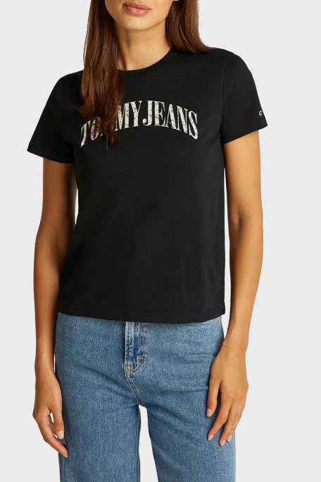 Tommy Jeans Logo Baskılı Pamuklu Regular Fit Bisiklet Yaka Bayan T Shirt DW0DW20161 BDS SİYAH - 1