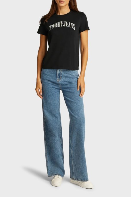 Tommy Jeans Logo Baskılı Pamuklu Regular Fit Bisiklet Yaka Bayan T Shirt DW0DW20161 BDS SİYAH - 3