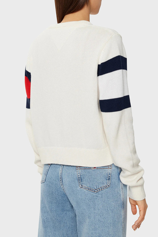 Tommy Jeans - Tommy Jeans Logolu % 100 Pamuk Relaxed Fit Bisiklet Yaka Örme Bayan Kazak DW0DW19335 YBH BEYAZ (1)