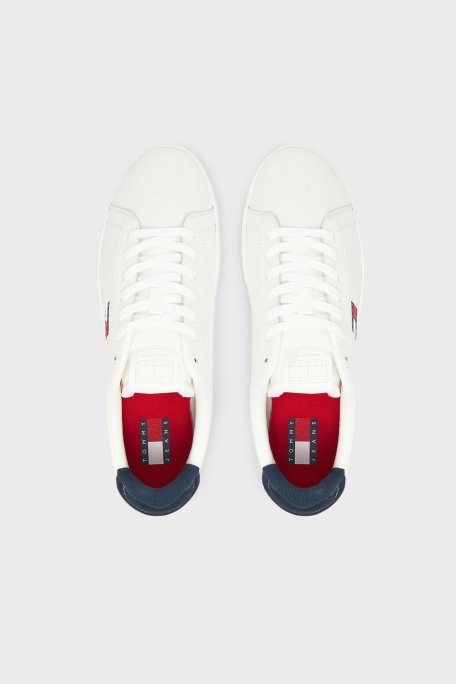 Tommy Jeans Logolu Deri Sneaker Erkek Ayakkabı EM0EM01596 0G1 BEYAZ-LACİVERT - 9