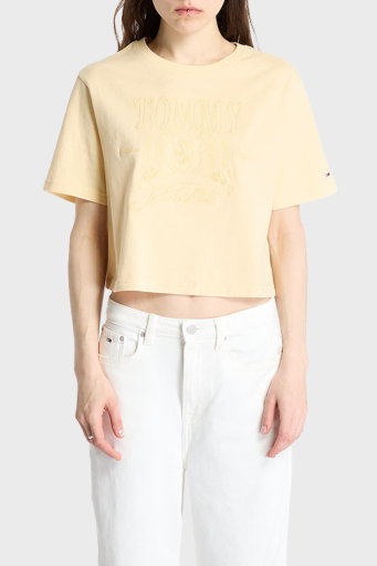 Tommy Jeans Logolu Pamuklu Oversize Fit Bisiklet Yaka Crop Bayan T Shirt DW0DW20326 ZGA SARI - 1