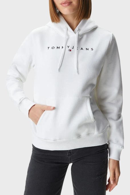 Tommy Jeans Pamuk Karışımlı Regular Fit Kapüşonlu Kanguru Cepli Logolu Bayan Sweat DW0DW17324 YBR BEYAZ - 1