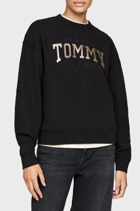 Tommy Jeans Pamuk Karışımlı Relaxed Fit Bisiklet Yaka Logolu Bayan Sweat DW0DW19845 BDS SİYAH - 1