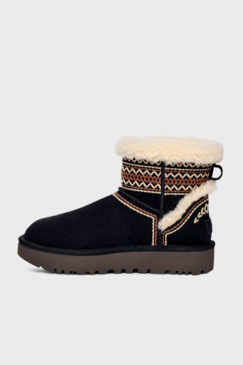 Ugg Klasik Mini Atherson İşlemeli Gerçek Yumuşak Tüylü Süet Bayan Bot 1158281 SİYAH - 10