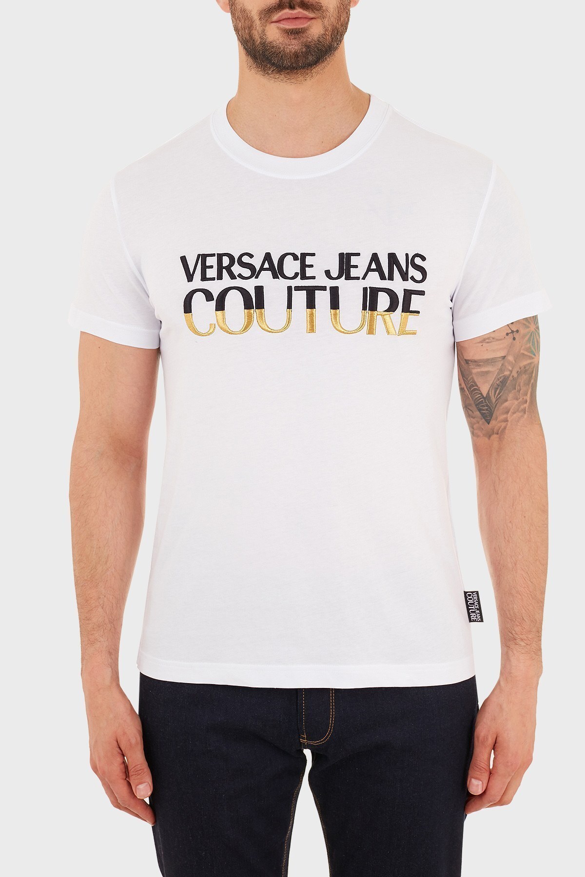 Versace Jeans Couture % 100 Pamuklu Bisiklet Yaka Erkek T Shirt B3GZB7TG 30319 K41 BEYAZ