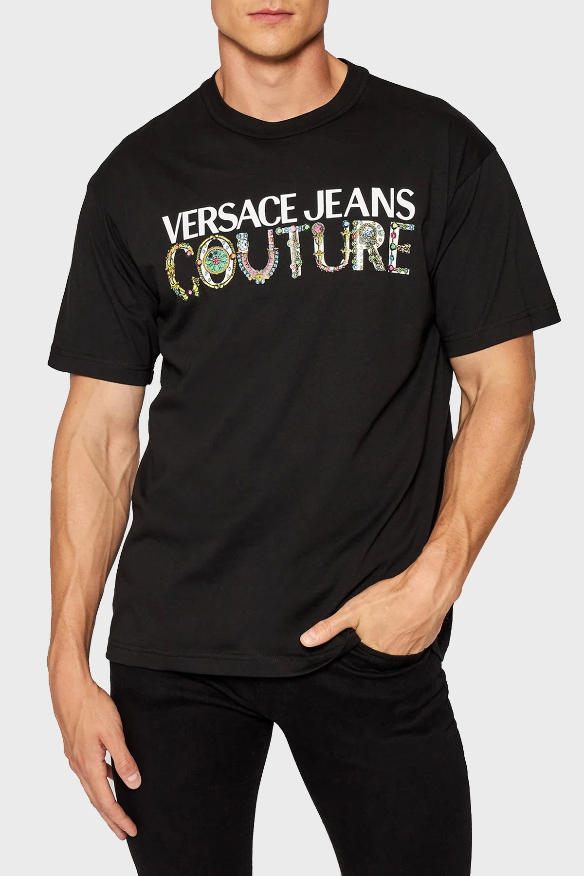 Versace Jeans Couture Baskılı Regular Fit Bisiklet Yaka Pamuklu Erkek T Shirt 71GAHF04 CJ00F 899 SİYAH