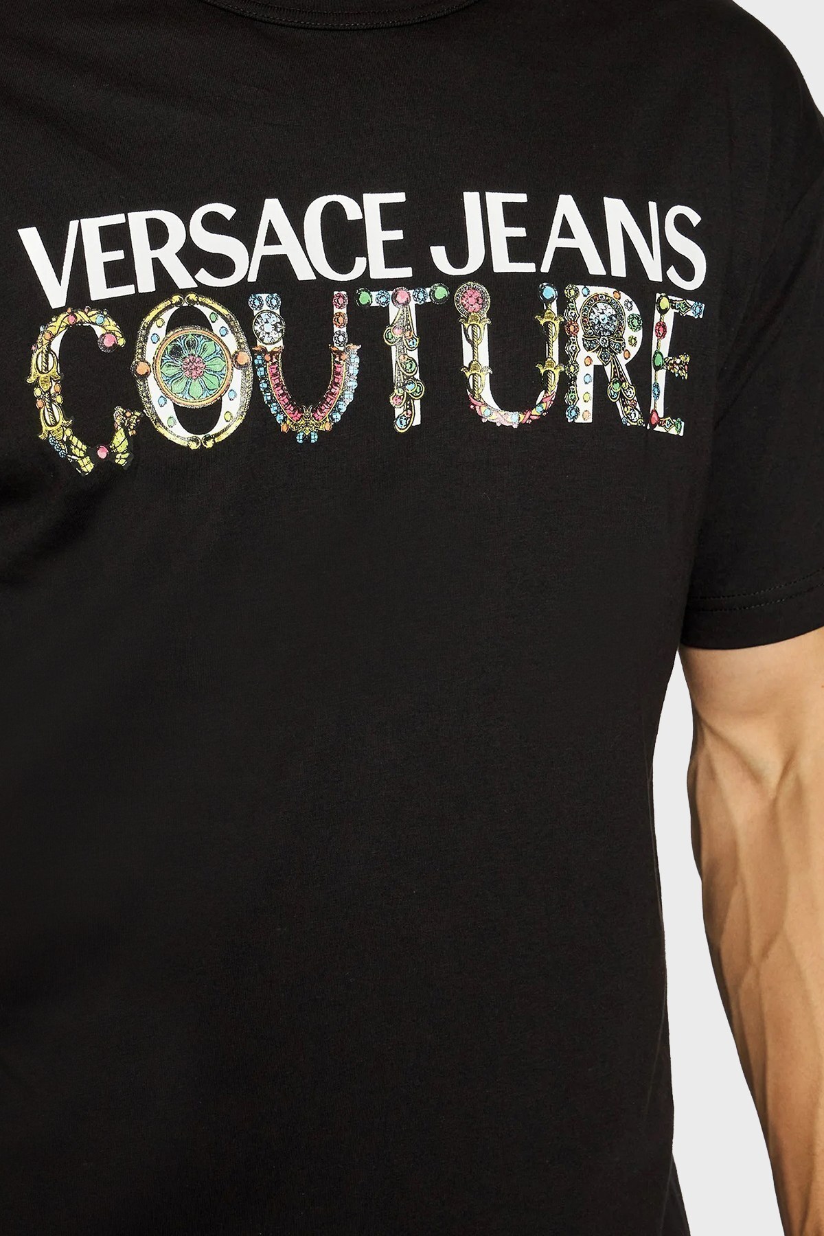 Versace Jeans Couture Baskılı Regular Fit Bisiklet Yaka Pamuklu Erkek T Shirt 71GAHF04 CJ00F 899 SİYAH