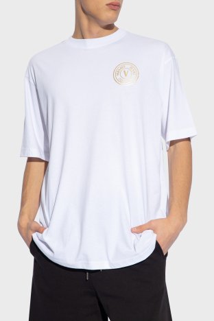 Tシャツ・カットソー VERSACE Men T Shirts 74GAHT05 CJ00T G03 White Versace Jeans Couture Bisiklet Yaka Pamuklu Relaxed Fit