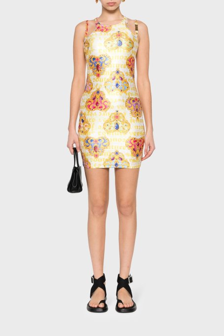 Versace Jeans Couture Desenli Bodycon Mini Bayan Elbise 76HAO944 JS348 G03 BEYAZ-GOLD - 1