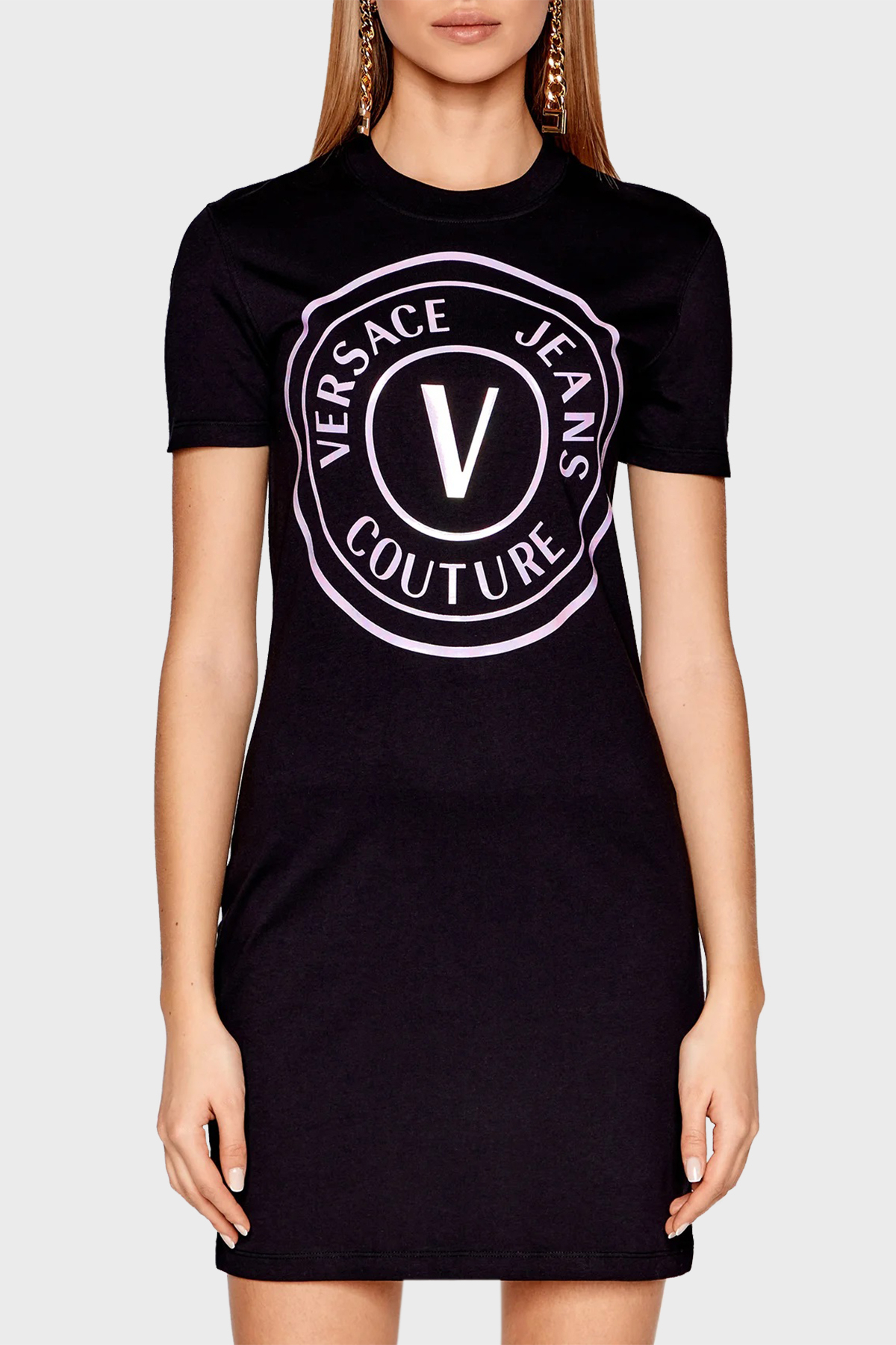 Versace Jeans Couture Logo Baskılı Bisiklet Yaka Dar Kesim Mini Bayan Elbise 72HAOP01 CJ01P OT6 SİYAH