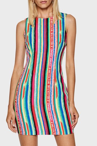 Versace Jeans Couture logolu Regular Fit Bisiklet Yaka Çizgili Bayan Elbise 71HAO901 NS022 MC2 MAVİ-KIRMIZI - 1
