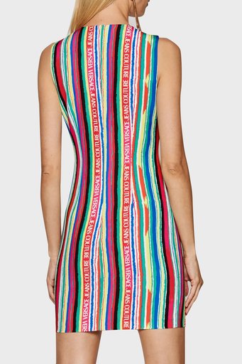 Versace Jeans Couture logolu Regular Fit Bisiklet Yaka Çizgili Bayan Elbise 71HAO901 NS022 MC2 MAVİ-KIRMIZI - 3