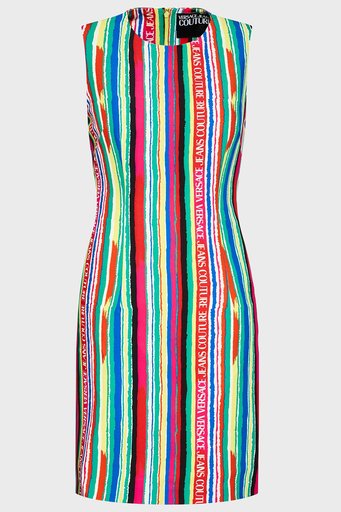 Versace Jeans Couture logolu Regular Fit Bisiklet Yaka Çizgili Bayan Elbise 71HAO901 NS022 MC2 MAVİ-KIRMIZI - 5