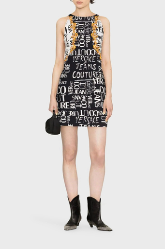 Versace Jeans Couture Pamuklu Logo Desen Baskılı Bisiklet Yaka Mini Bayan Elbise 74HAO95P ES054L54 G89 SİYAH - 1