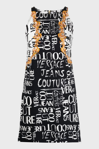 Versace Jeans Couture Pamuklu Logo Desen Baskılı Bisiklet Yaka Mini Bayan Elbise 74HAO95P ES054L54 G89 SİYAH - 4