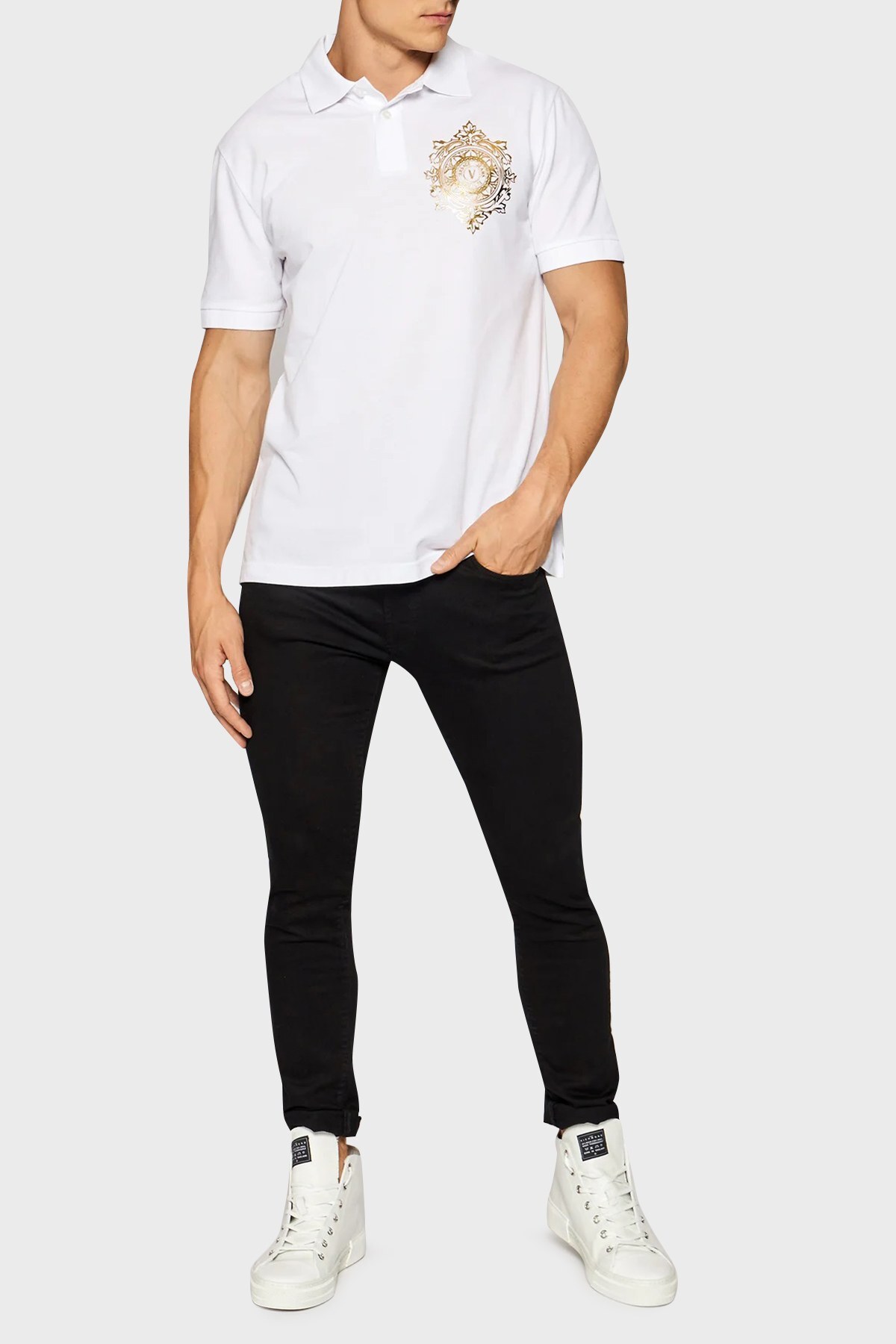 Versace Jeans Couture Regular Fit Pamuklu Düğmeli T Shirt Erkek Polo 71GAGF01 CJ02F G03 BEYAZ
